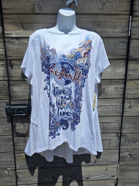 ONE WORLD Tops - ONE WORLD White V-Neck Paisley Graphic Tee with Blue and Gold Accents